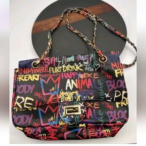Purse Multicolor Shoulder Bag Graffiti Printed Style Pebbled, Chain Strap EUC